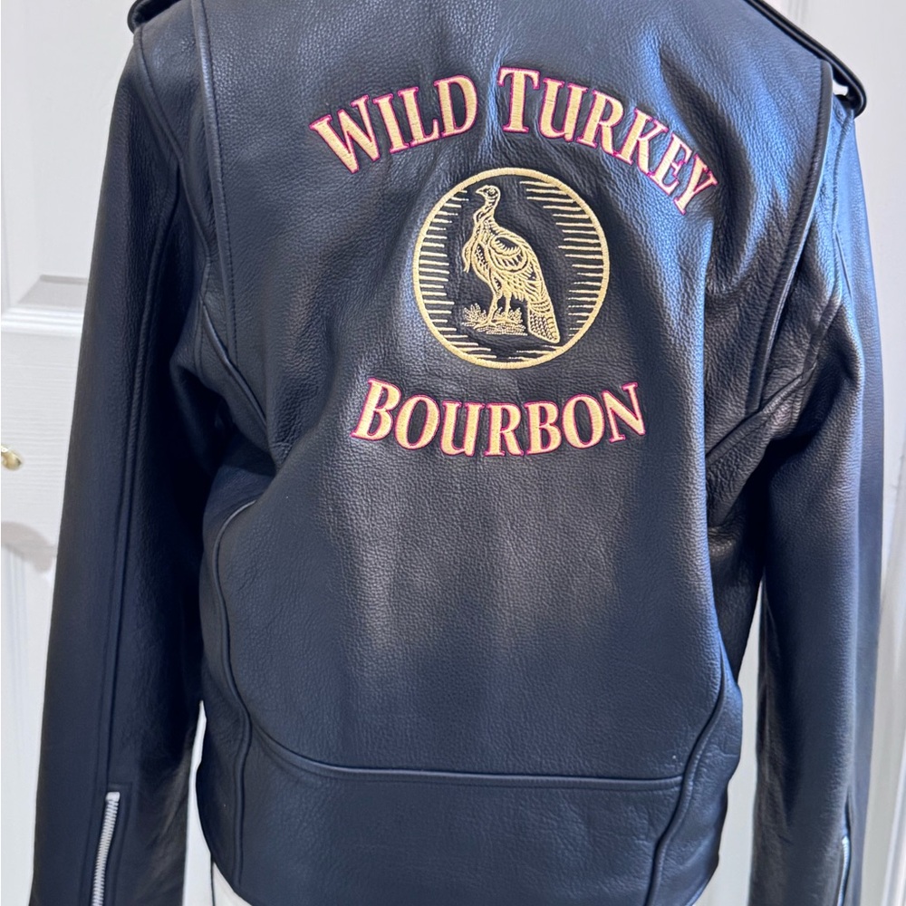 Black Leather Biker Jacket with Wild Turkey Bourbon Emblem Size 4 - Picture 3 of 6
